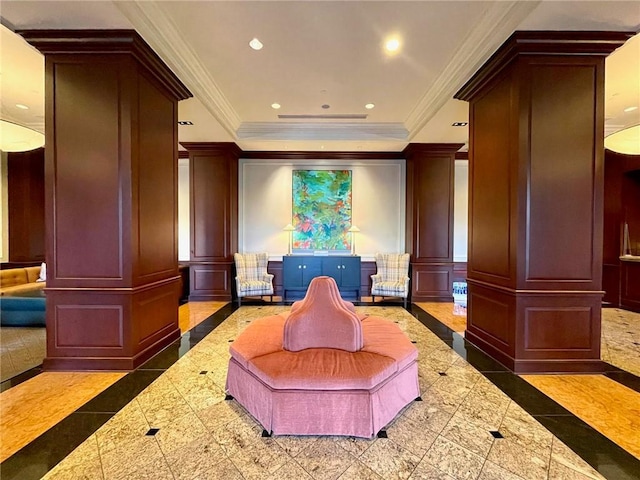 195 14th St NE Unit 303, Atlanta, GA 30309 - building lobby featuring a decorative wall, crown molding, and a wainscoted wall