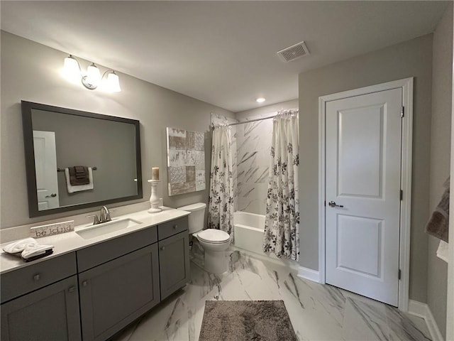 bathroom with toilet, vanity, visible vents, marble finish floor, and shower / tub combo with curtain