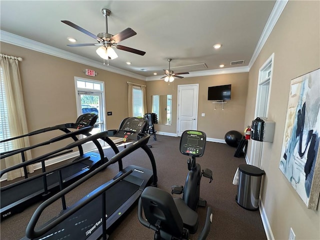 gym with recessed lighting, visible vents, baseboards, ornamental molding, and attic access