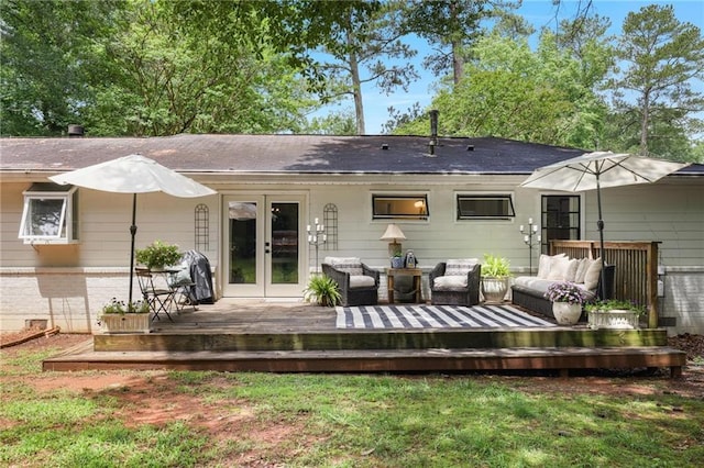 3357 Pretty Branch Dr SE, Smyrna, GA 30080 - rear view of property featuring french doors, an outdoor hangout area, a wooden deck, and roof with shingles
