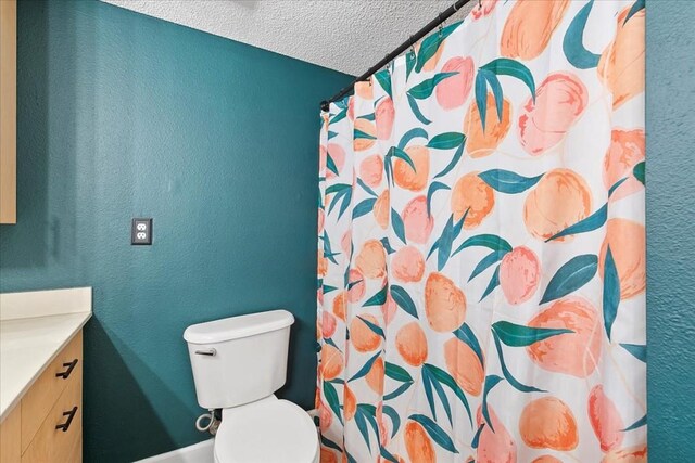 bathroom with vanity, a textured ceiling, and toilet