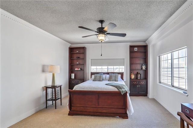 bedroom with baseboards, ornamental molding, a textured ceiling, and light colored carpet