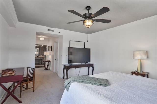 bedroom featuring carpet, visible vents, ornamental molding, and ceiling fan