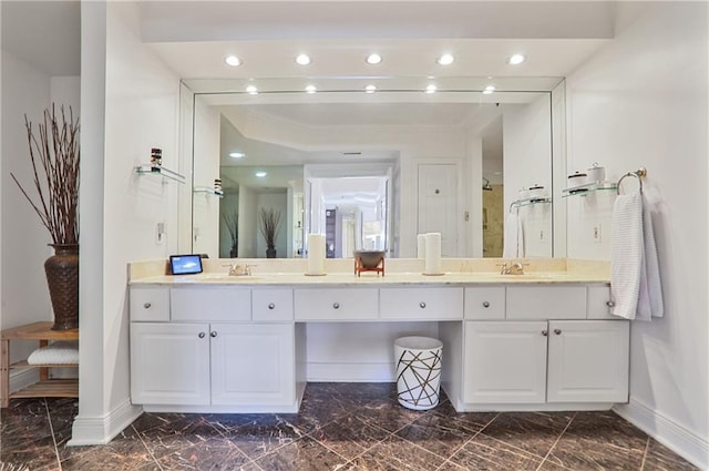 bathroom featuring recessed lighting, marble finish floor, baseboards, and walk in shower