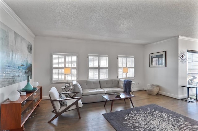 living room with baseboards, a textured ceiling, wood finished floors, and crown molding