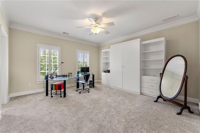 4720 Cliffside Ct, Marietta, GA 30067 - home office with ornamental molding, ceiling fan, carpet flooring, and baseboards
