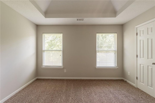 carpeted spare room with healthy amount of natural light, a tray ceiling, and baseboards