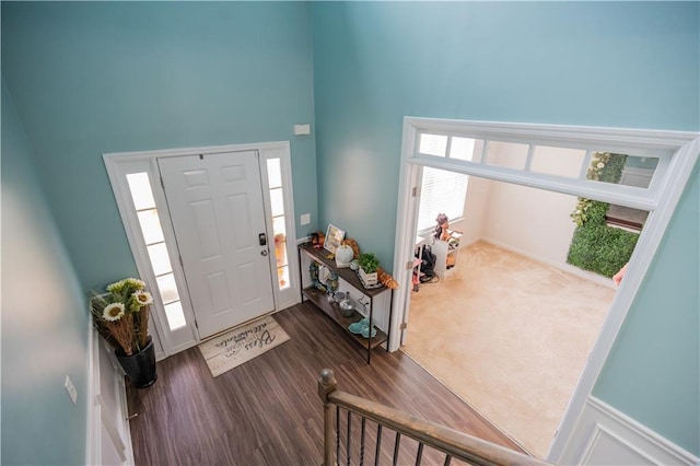 entryway featuring a high ceiling and dark hardwood / wood-style floors