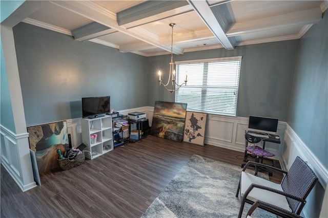 interior space featuring ornamental molding, dark hardwood / wood-style floors, coffered ceiling, and beamed ceiling