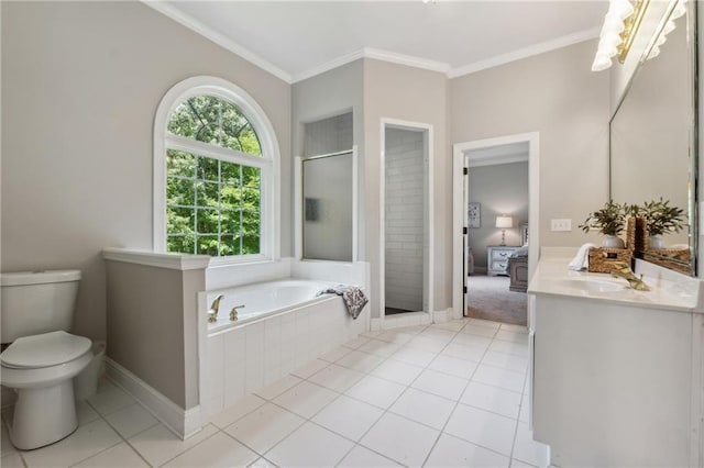 full bathroom with toilet, shower with separate bathtub, ornamental molding, vanity, and tile patterned flooring