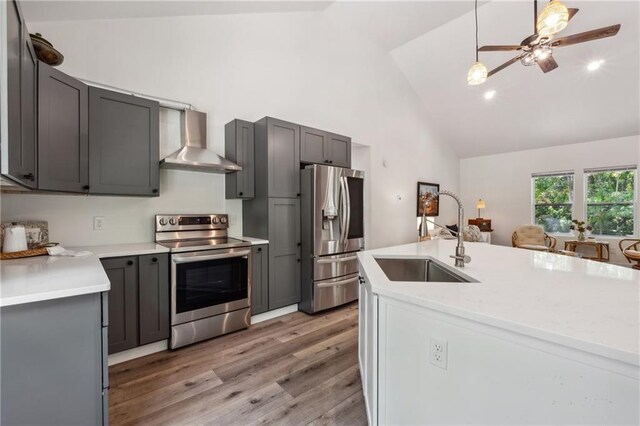 kitchen featuring sink, gray cabinetry, light hardwood / wood-style flooring, stainless steel appliances, and wall chimney range hood