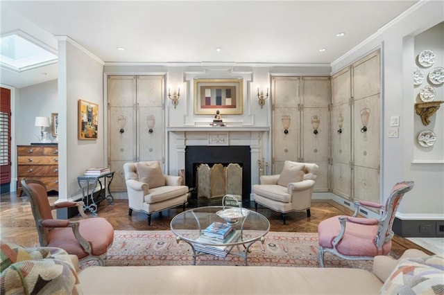 2525 Peachtree Rd Unit 28, Atlanta, GA 30305 - living room featuring crown molding, a fireplace, and recessed lighting