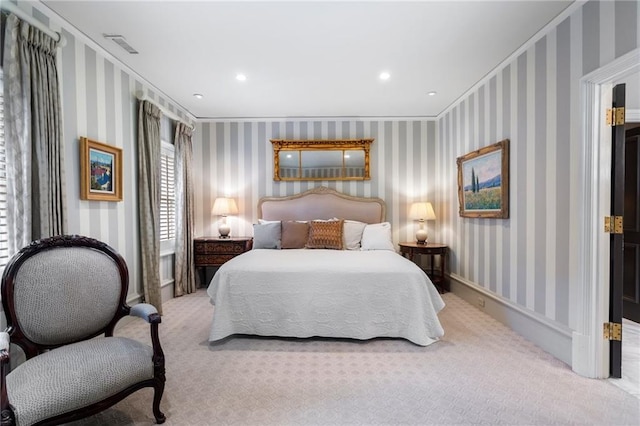 2525 Peachtree Rd Unit 28, Atlanta, GA 30305 - bedroom featuring carpet floors, crown molding, wallpapered walls, and recessed lighting