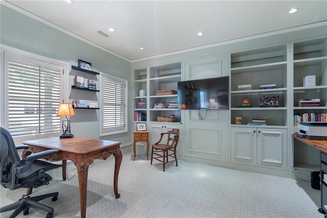 2525 Peachtree Rd Unit 28, Atlanta, GA 30305 - office space with light colored carpet, crown molding, built in features, and recessed lighting
