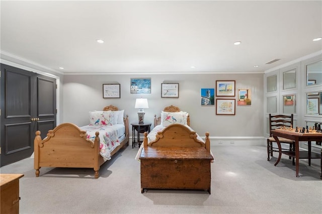 2525 Peachtree Rd Unit 28, Atlanta, GA 30305 - bedroom with ornamental molding, light carpet, and recessed lighting
