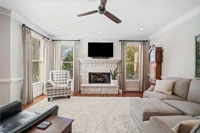 living room with a ceiling fan, a fireplace, wood finished floors, and crown molding