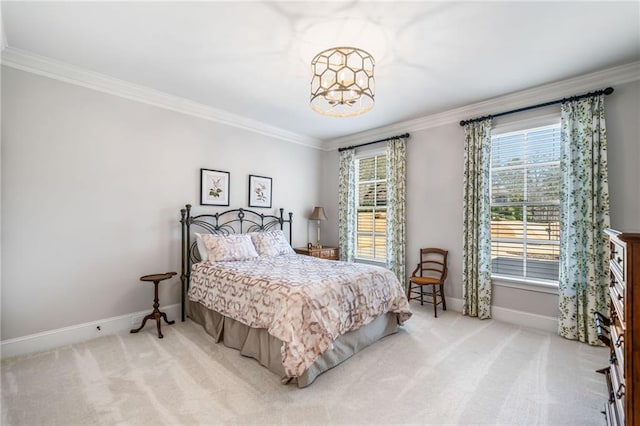 bedroom with multiple windows, carpet flooring, and crown molding