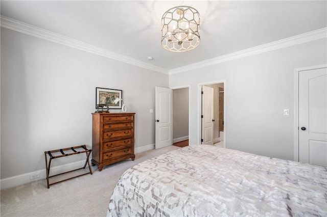 bedroom with light colored carpet, an inviting chandelier, and ornamental molding