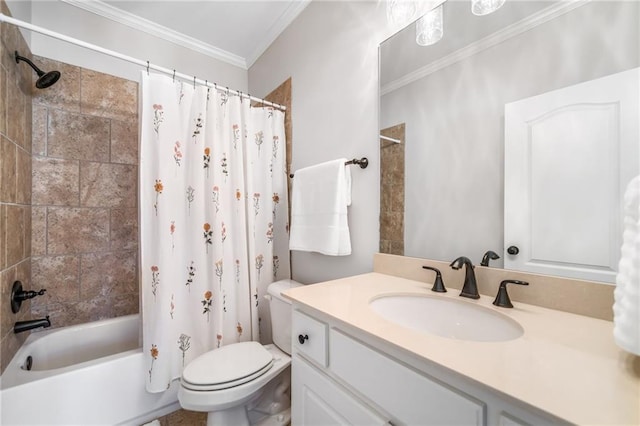 bathroom with vanity, toilet, crown molding, and shower / tub combo