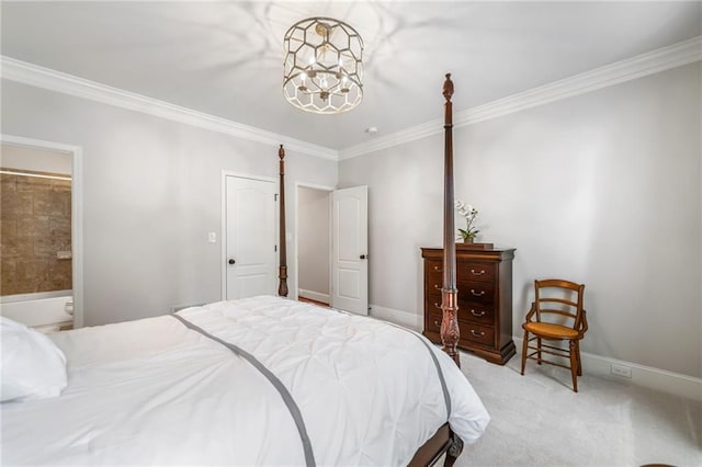 bedroom featuring crown molding, baseboards, light carpet, ensuite bathroom, and a notable chandelier