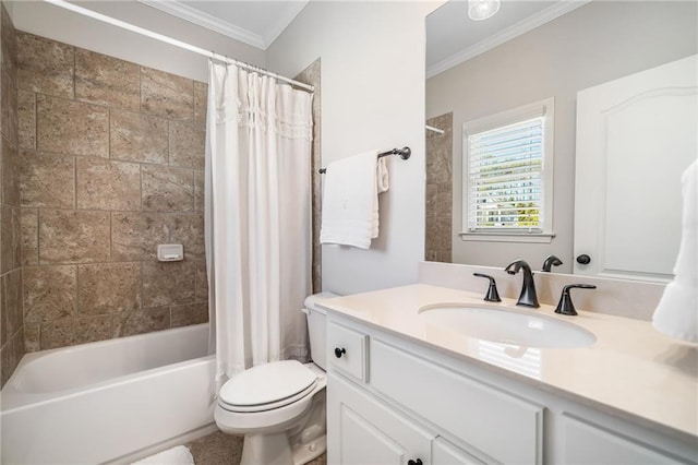 bathroom with vanity, toilet, ornamental molding, and shower / bath combo