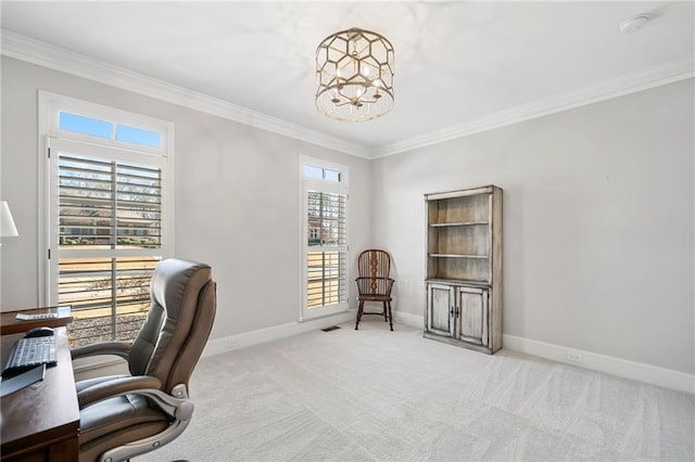 carpeted office featuring baseboards, a chandelier, and ornamental molding