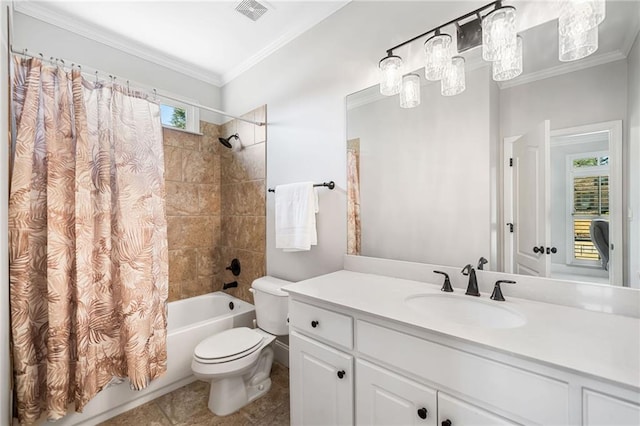 full bath with visible vents, shower / tub combo with curtain, crown molding, and toilet