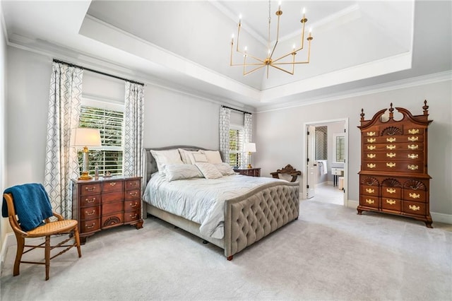 carpeted bedroom featuring a notable chandelier, crown molding, a raised ceiling, and baseboards