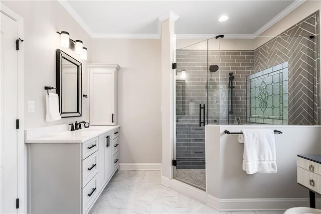 full bathroom with vanity, crown molding, marble finish floor, and a stall shower