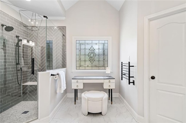 full bathroom with baseboards, marble finish floor, and a tile shower