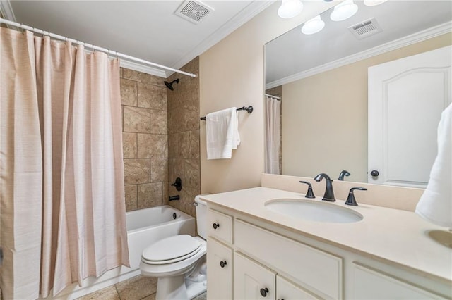 full bathroom with visible vents, toilet, ornamental molding, and vanity