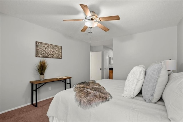 bedroom with ceiling fan and light colored carpet