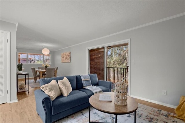 living room with ornamental molding and light wood-type flooring