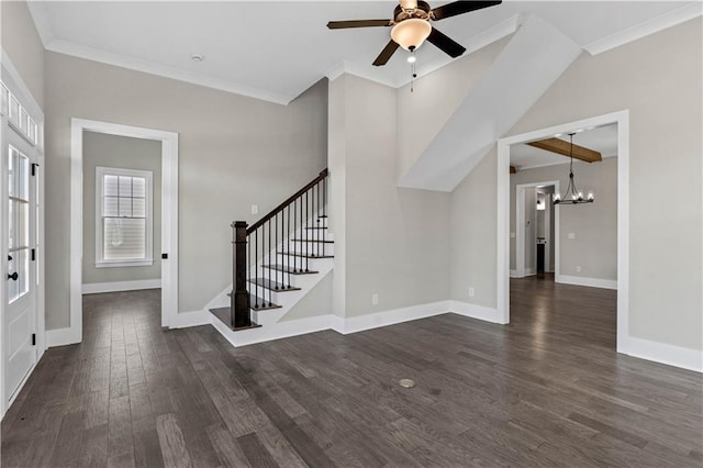 interior space with stairs, baseboards, dark wood-style flooring, and ceiling fan with notable chandelier