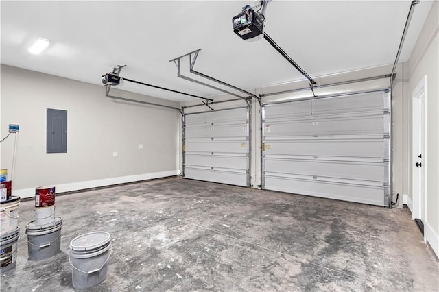 garage with electric panel and a garage door opener