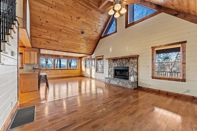 unfurnished living room with beam ceiling, light wood-type flooring, high vaulted ceiling, and wood ceiling