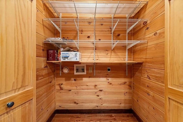 clothes washing area with washer hookup, wooden walls, and electric dryer hookup