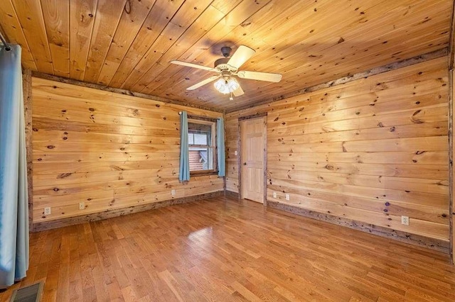 spare room with hardwood / wood-style flooring, ceiling fan, wood walls, and wooden ceiling