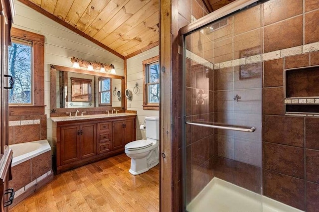 full bathroom featuring wooden ceiling, vaulted ceiling, hardwood / wood-style flooring, toilet, and plenty of natural light