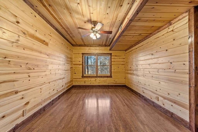 bonus room with ceiling fan, wood-type flooring, wood ceiling, and wooden walls