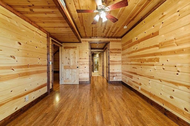 spare room featuring ceiling fan, wood-type flooring, wooden ceiling, and wooden walls