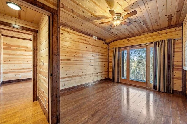 spare room with wood-type flooring, ceiling fan, wooden walls, and wood ceiling