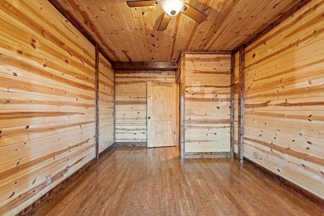 empty room with wooden walls, ceiling fan, wood ceiling, and wood-type flooring