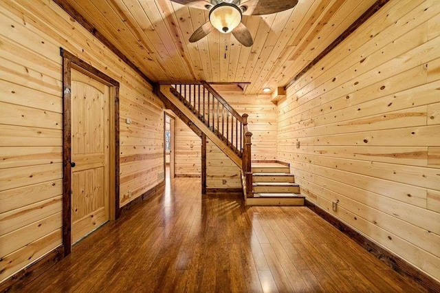 stairs featuring wooden walls, ceiling fan, wooden ceiling, and hardwood / wood-style flooring