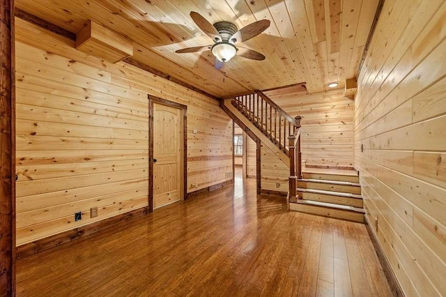 additional living space featuring wooden walls, hardwood / wood-style flooring, ceiling fan, and wooden ceiling