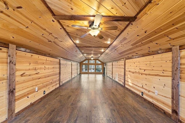 unfurnished room featuring vaulted ceiling with beams, wooden walls, dark hardwood / wood-style flooring, and wooden ceiling