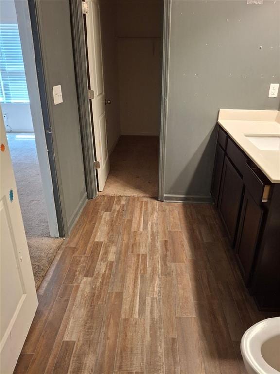 bathroom featuring vanity and hardwood / wood-style flooring