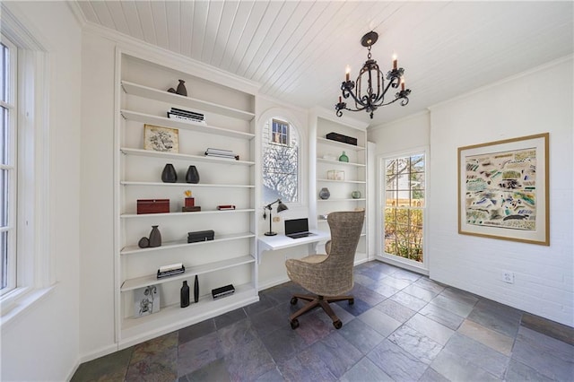 office space featuring wooden ceiling, crown molding, and a notable chandelier