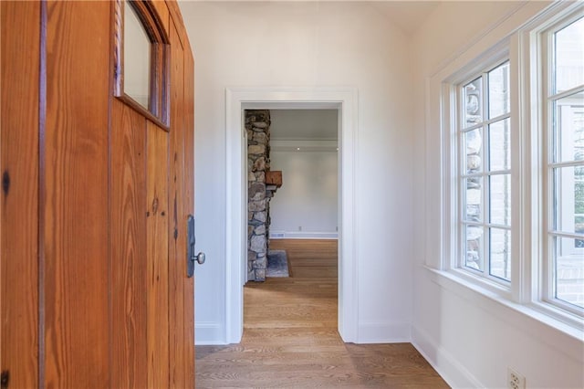 corridor featuring a healthy amount of sunlight and light hardwood / wood-style flooring