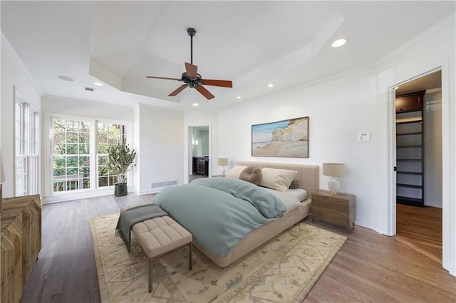 bedroom featuring ceiling fan, a spacious closet, crown molding, and a tray ceiling